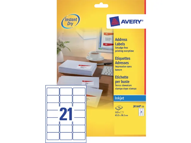 Adresetiket Avery J8160-25 63.5x38.1mm Inkjet Wit 525 stuks
