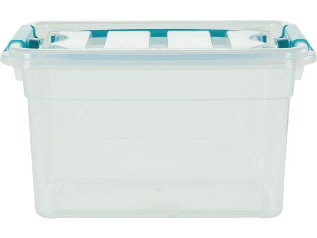 Carry Box opbergdoos 13 liter transparant met blauwe handvat | OpbergboxWinkel.nl