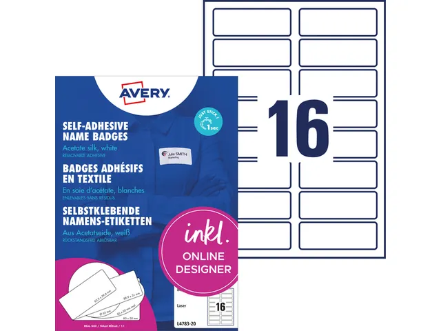 Naambadge etiket Avery L4783-20 88.9x31mm zelfklevend 320 stuks