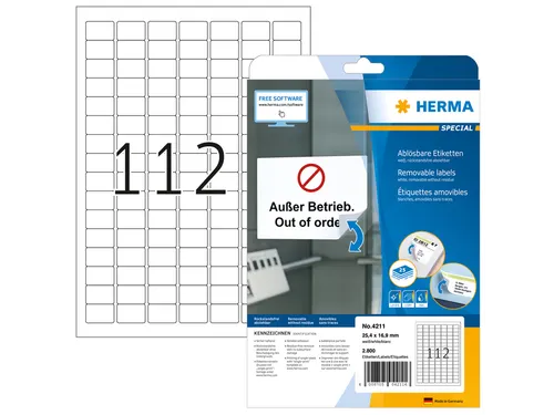 HERMA 4211 Verwijderbare etiketten A4 25,4x16,9mm Wit 2800 stuks