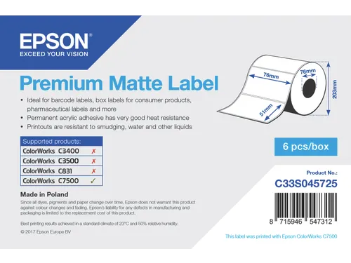Premium Matte Label - Die-cut Roll: 76mm x 51mm, 2310 labels