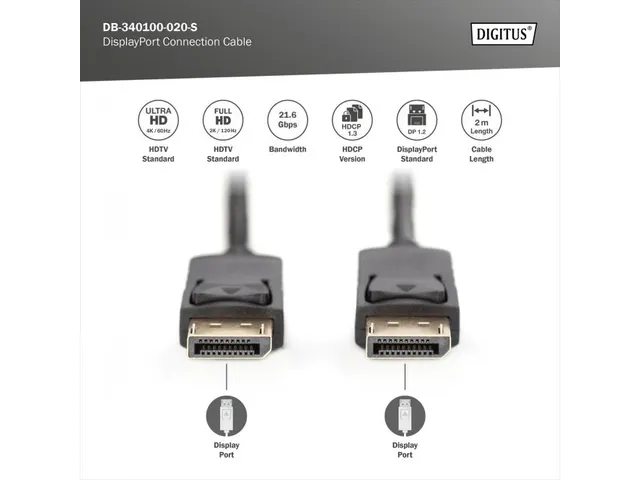 DisplayPort-aansluitkabel type DP M/M 2m UHD 4K DP 1.2 Zwart
