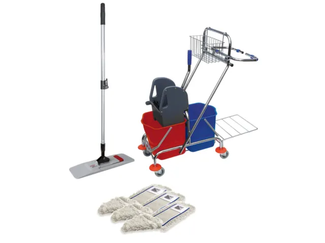 dweilwagenset,emmer 2x17l ROOD/BLAUW,mophouder,3moppen,mopwringer