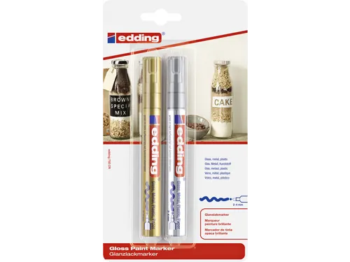 Paintmarker edding 750 op oliebasis 2-4mm goud en zilver blister à 2s