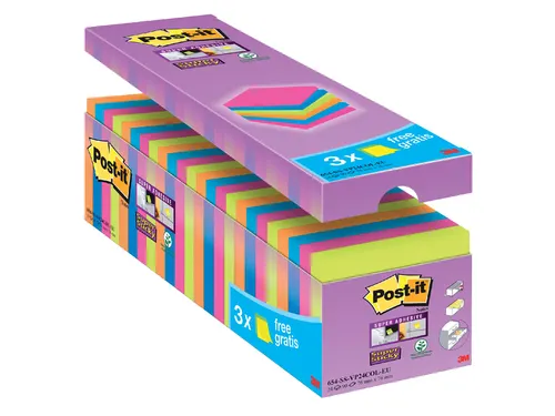 Memoblok 3M Post-it 654 Super Sticky 76x76mm 21+3 gratis assorti