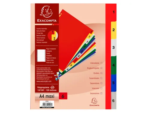 Tabbladen A4 Assorti PP 0.12mm 6-delig 1-6 Bedrukt 11-Gaats