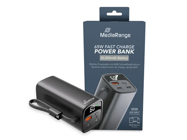 Batterie externe MediaRange 20000 mAh 65W + câble USB noir