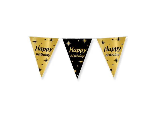Slinger Folie vlaggen Party Flag Foil 'Happy Birthday' Goud-Zwart 10m