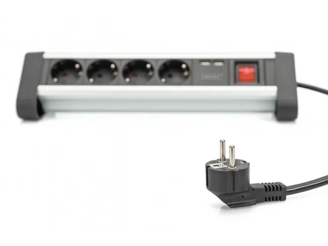 4-voudige kantoorstekkerdoos met 2x USB-poorten USB 5V/2A zwart/zilver