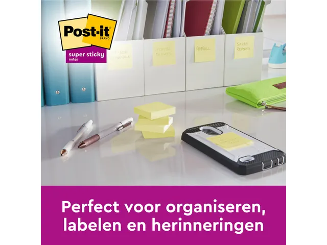 Memoblok 3M Post-it 654 Super Sticky 76x76mm geel 14+2 gratis