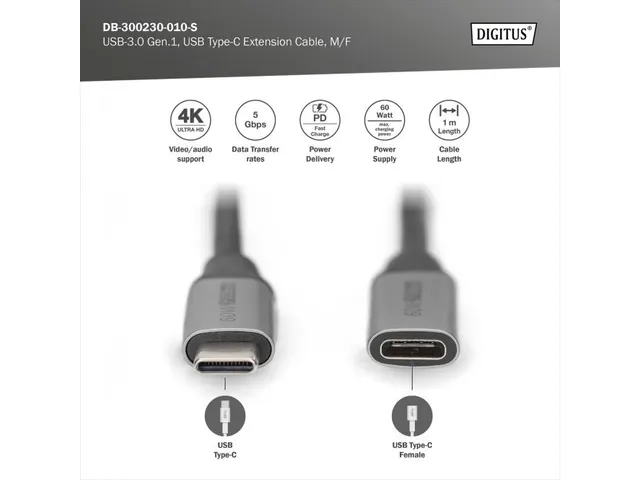 USB-C/M naar USB-C/F PD 60W Gen1 USB3.0 verlengkabel 1m Zwart