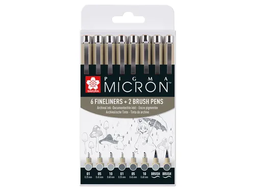 Fineliner Sakura Pigma Micron 6 schrijfbreedtes - 2 brushpen koudgrijs