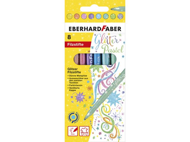 Viltstiften Eberhard Faber Glitter pastel kleuren assorti 8st. | ViltstiftenShop.nl
