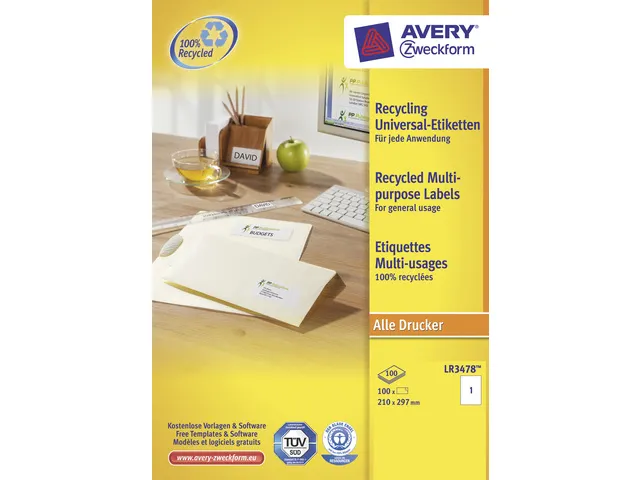 Etiket Avery Zweckform LR3478 210x297mm A4 recycled Wit 100 stuks