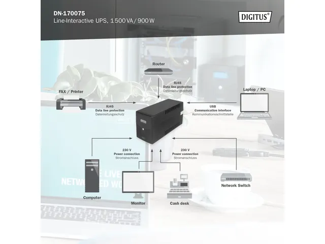 Digitus Line-Interactive UPS 1500VA/900W 12V/9Ah x2 batterij LCD