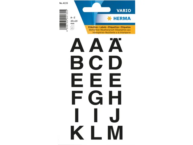 Etiket Herma 4135 20x20mm Letters A-Z Zwart op Transparant 36 stuks