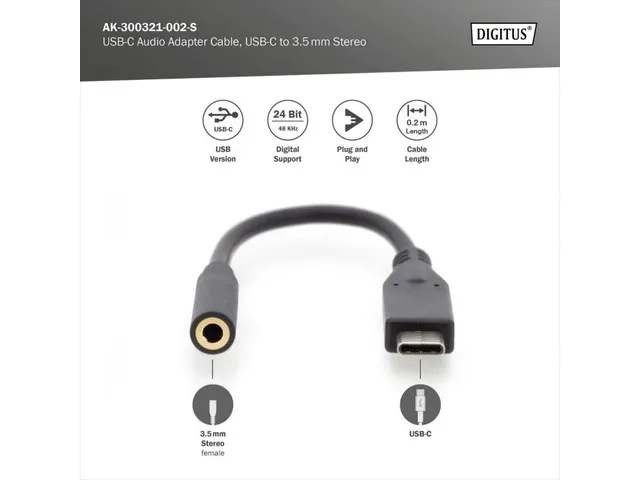 USB Type-C audioadapterkabel 3,5mm St/Bu 0,2m audio in/uit Zwart