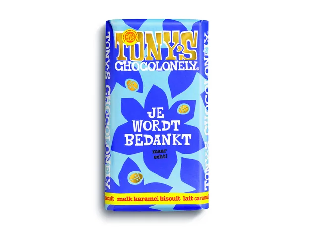 Chocolade Tony's Chocolonely "Je wordt bedankt" Melk karamel biscuit