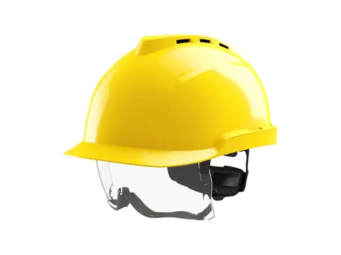 MSA V-Gard 930 veiligheidshelm met geïntegreerde bril, geel, geventil