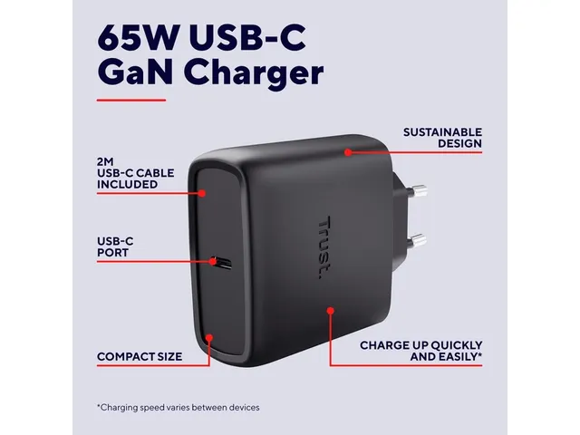 Oplader met kabel Trust Maxo 65W USB-C GaN zwart