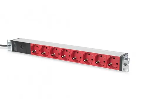1U aluminium PDU kastmontage 8x rode CEE 7/7 10A stekker 250VAC 50/60H