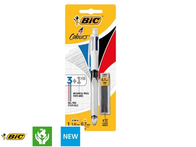 Balpen Bic 3kleuren met vulpotlood HB 0.7mm medium wit blister à 1st