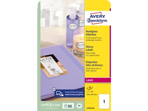 Etiket Avery L7767-40 210x297mm A4 hoogglans wit 40 stuks