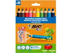 Kleurpotloden BicKids Multi Surface + puntenslijper assorti 10 stuks
