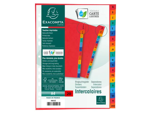 Intercalaires carte lustrée avec onglets imprimés alphabétiques 20