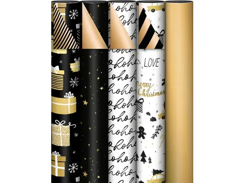 Geschenkpapier Kerst 70cmx2m assorti zwart/wit/goud