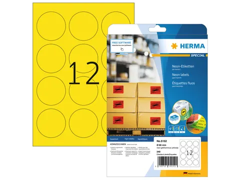 HERMA 5152 Gekleurde etiketten A4 Rond 60mm Neon Geel 240 stuks