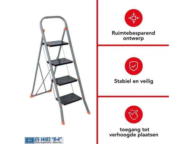 Huishoudtrap met hoge beugel 4 treden antislip inklapbaar tot 150 kg