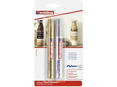 Paintmarker edding 750 op oliebasis 2-4mm goud en zilver blister à 2s