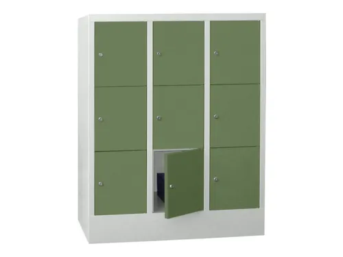 lockerkast,HxBxD 1187x900x500mm,3x3vakken,RAL7035,front RAL6011