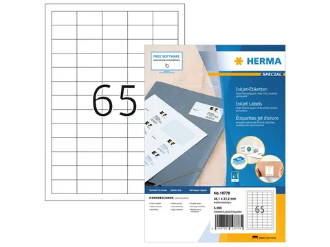 HERMA 10778 Inkjet etiketten A4 38,1x21,2mm Wit mat 5200 stuks