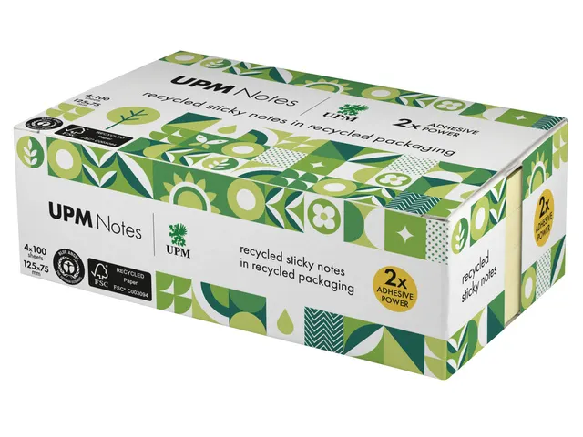 Sticky notes UPM recycled 125x75mm geel blok 100 vel, doos 4x blok
