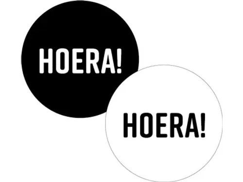 KP Sticker rond 40mm "HOERA!" zwart en wit 250 stuks
