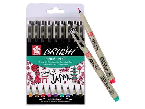 Viltstift met brushpen Bruynzeel Sakura Pigma etui 9 kleuren assorti