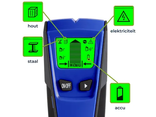 Digitale leidingzoeker detecteert tot 51 mm, metaal/hout/kabels
