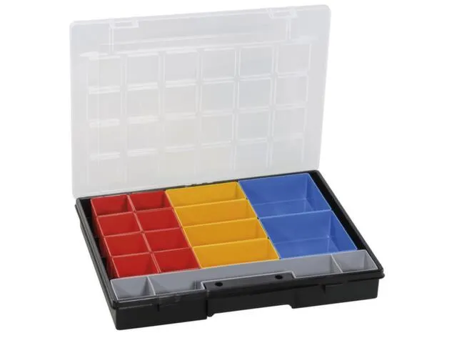 Bak voor kleine onderdelen,HxBxD 55x370x295mm,16bakken,PP,koffer zwart