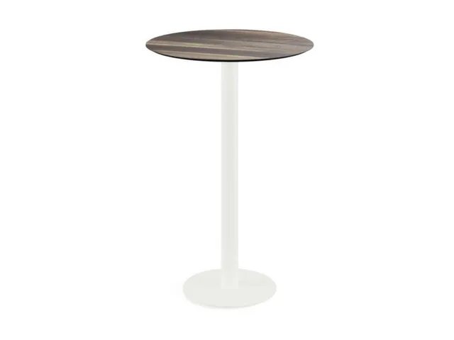 statafel,HxØ 1090x700mm,rond,schotelvoet wit,blad HPL Tropical Wood