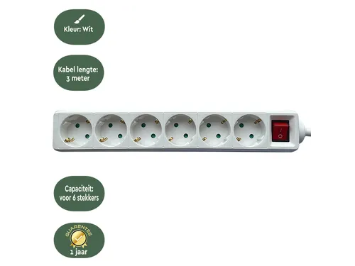 Stekkerdoos BRASQ 6 voudig 3 meter wit