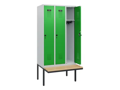 locker met bank,HxBxD 1950x900x815mm,3vak,vak B 300mm,draaigrendel