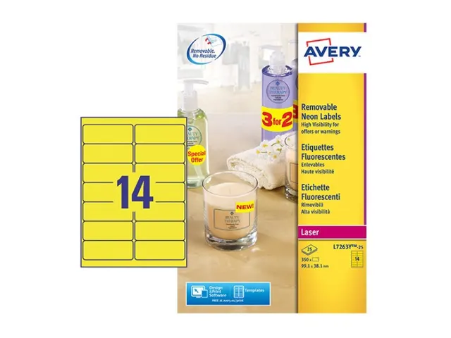 Etiket Avery L7263Y-25 99.1x38.1mm neon geel 350 stuks