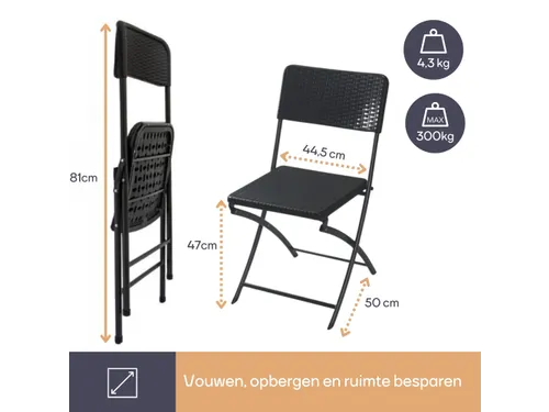 Klapstoel weerbestendige vouwstoel rotanlook Zwart maximaal 300 kg