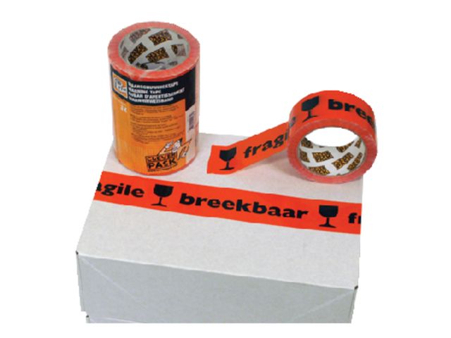 Verpakkingstape CleverPack breekbaar 50mmx66m PP oranje/zwart | CleverpackShop.nl