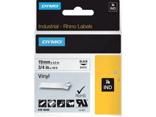 Labeltape Dymo Rhino 18445 vinyl 19mmx5.5m zwart op wit