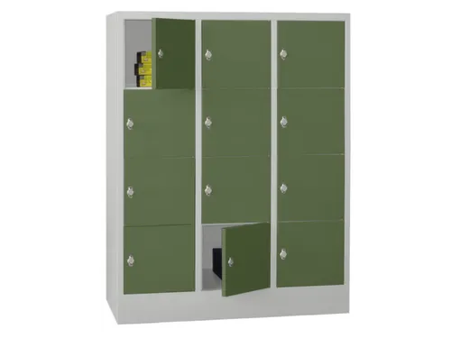 lockerkast,HxBxD 1518x1200x500mm,3x4vakken,RAL7035,front RAL6011