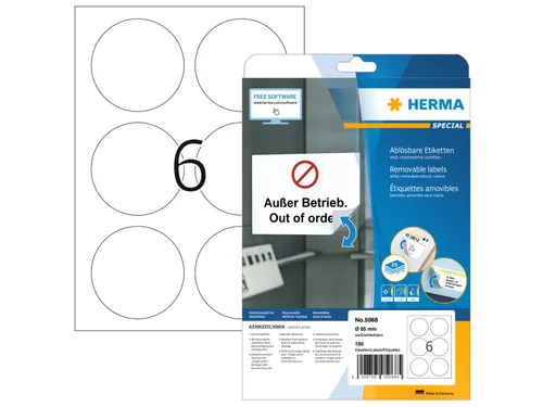 HERMA 5068 Verwijderbare etiketten A4 Rond 85mm Wit 150 stuks