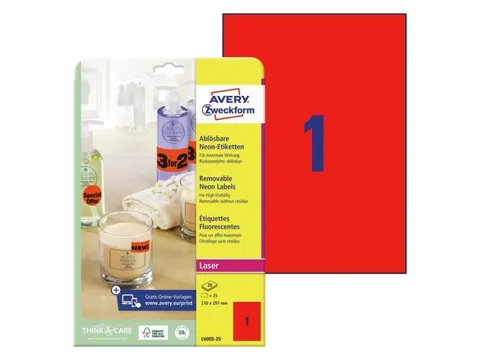 laseretiket Avery 210x297mm 25 vel A4 1 etiket per vel neonrood